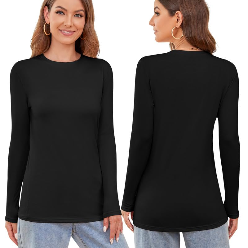 FRESBEIT Thermal Shirts for Women,Crew Neck Long Sleeve Undershirt Base Layer Fleece Lined Thermal Underwear Tops M Black