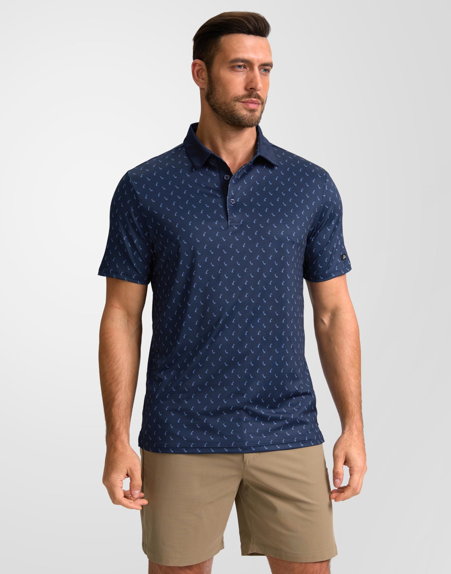 Obla Mens Golf Polo Shirts Short Sleeve Dry Fit Performance Moisture Wicking Casual Print Collared Golf Shirts for Men(Navy Golf Swing_L)