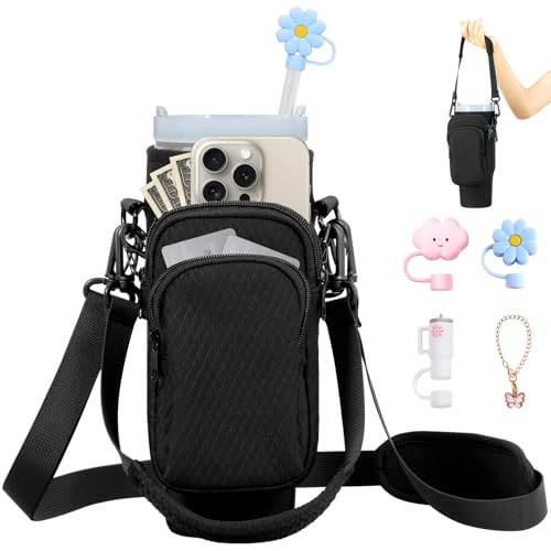 Stanley Cup Holder, 2024 Newest Stanley 40 Oz Cup Accessories, Include 3Pcs Straw Covers & Water Bottle Holder, 3D Embossing Neoprene Cup Carrier Bag & Case with 2 Straps and Phone Pocket(Black)