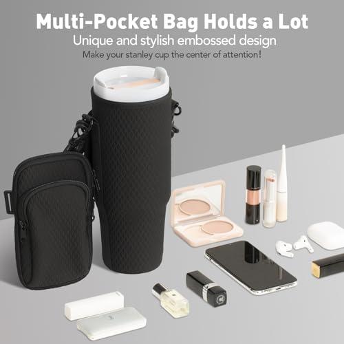 Stanley Cup Holder, 2024 Newest Stanley 40 Oz Cup Accessories, Include 3Pcs Straw Covers & Water Bottle Holder, 3D Embossing Neoprene Cup Carrier Bag & Case with 2 Straps and Phone Pocket(Black)