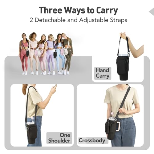 Stanley Cup Holder, 2024 Newest Stanley 40 Oz Cup Accessories, Include 3Pcs Straw Covers & Water Bottle Holder, 3D Embossing Neoprene Cup Carrier Bag & Case with 2 Straps and Phone Pocket(Black)