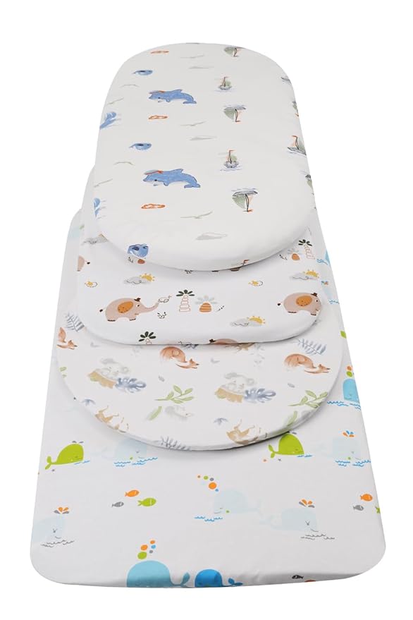 Bassinet Sheets Compatible with Fisher-Price Soothing Motions/Luminate Bassinet & Chicco LullaGo Anywhere Portable Bassinet, 2 Pack Fitted Sheets, 100% Jersey Knit Cotton 190GSM, Fox Deer and Elephant