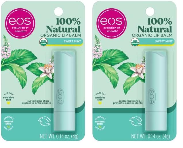 eos 100% Natural & Organic Lip Balm- Sweet Mint, Dermatologist Recommended, All-Day Moisture Lip Care, Made for Sensitive Skin, 0.14 oz (Pack of 2)