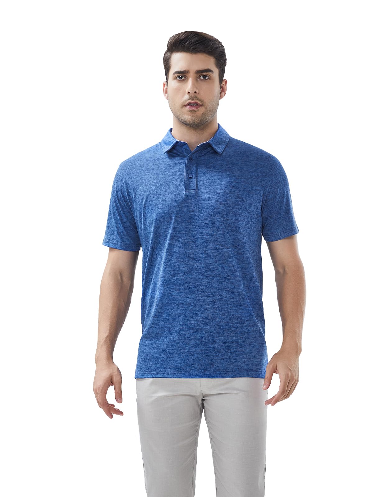 Fabugi Mens Golf Shirts Dry Fit Short Sleeve Casual Performance Striped Collared Polo Shirts for Men Blue Large