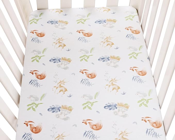 Bassinet Sheets Compatible with Fisher-Price Soothing Motions/Luminate Bassinet & Chicco LullaGo Anywhere Portable Bassinet, 2 Pack Fitted Sheets, 100% Jersey Knit Cotton 190GSM, Fox Deer and Elephant