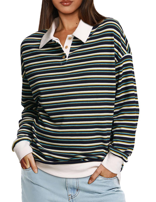 WIHOLL Womens Sweatshirts Colorblock Striped Fall Outfits Long Sleeve Polo Button Shirts 2024 Fashion Soft Winter Lightweight Tunic Tops Navy Small