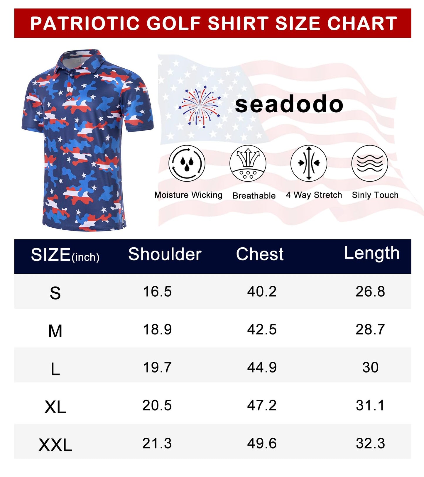 Seadodo Mens 4th of July Polo Shirt Patriotic Golf Shirts American Flag Printed Golf Short Sleeve USA Independence Day Party Outfit