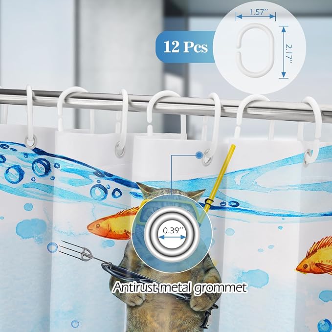 Aimego Long Funny Shower Curtain - Cat Sea Ocean Animal Underwater Tropical Fish Coral Seahorse Fabric Cloth Shower Curtain Set with 12 Hooks for Bathroom Decor Accessories Bathtub Curtain, 72"x78"