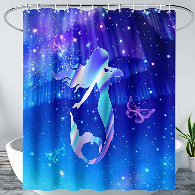 AILONEN Mermaid Shower Curtain for Bathroom,Blue Mermaid Star Girls Kids Bath Curtain 60" W*72" H,Beautiful Mermaid Decorative Waterproof Curtain with 12 Plastic Hooks