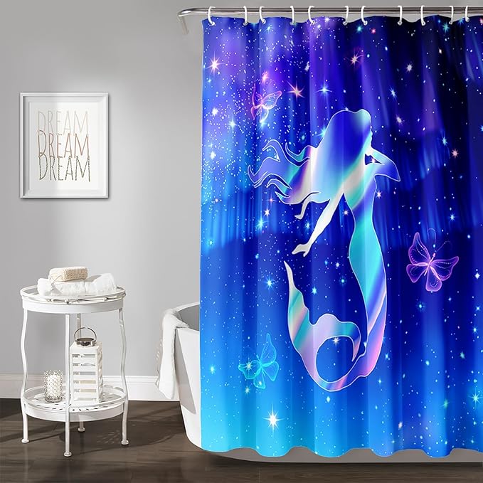 AILONEN Mermaid Shower Curtain for Bathroom,Blue Mermaid Star Girls Kids Bath Curtain 60" W*72" H,Beautiful Mermaid Decorative Waterproof Curtain with 12 Plastic Hooks