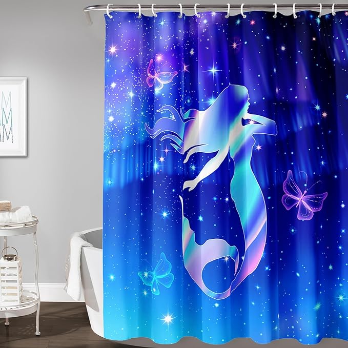 AILONEN Mermaid Shower Curtain for Bathroom,Blue Mermaid Star Girls Kids Bath Curtain 60" W*72" H,Beautiful Mermaid Decorative Waterproof Curtain with 12 Plastic Hooks