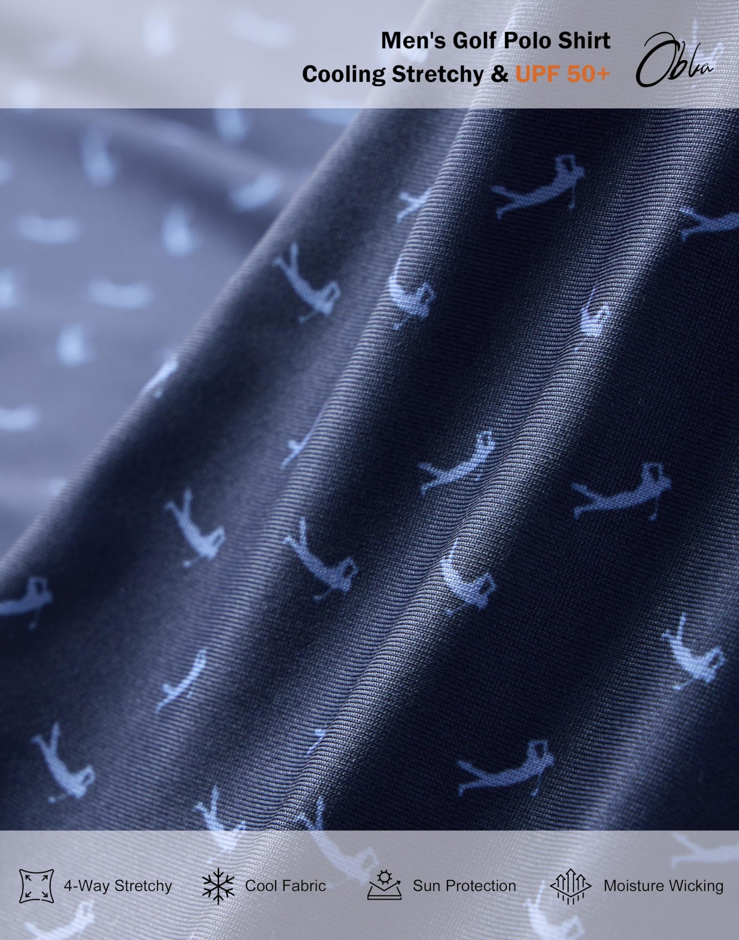 Obla Mens Golf Polo Shirts Short Sleeve Dry Fit Performance Moisture Wicking Casual Print Collared Golf Shirts for Men(Navy Golf Swing_L)