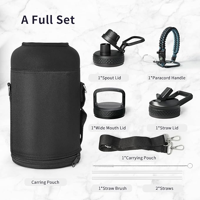 Trebo Water Bottle 64oz with Paracord Handle, Half Gallon Food-grade Double Wall Vacuum Stainless Steel Insulated Jug with Holder Strap Straw Spout Handle Lids, Leakproof Keep Cold & Hot, Indigo/Black