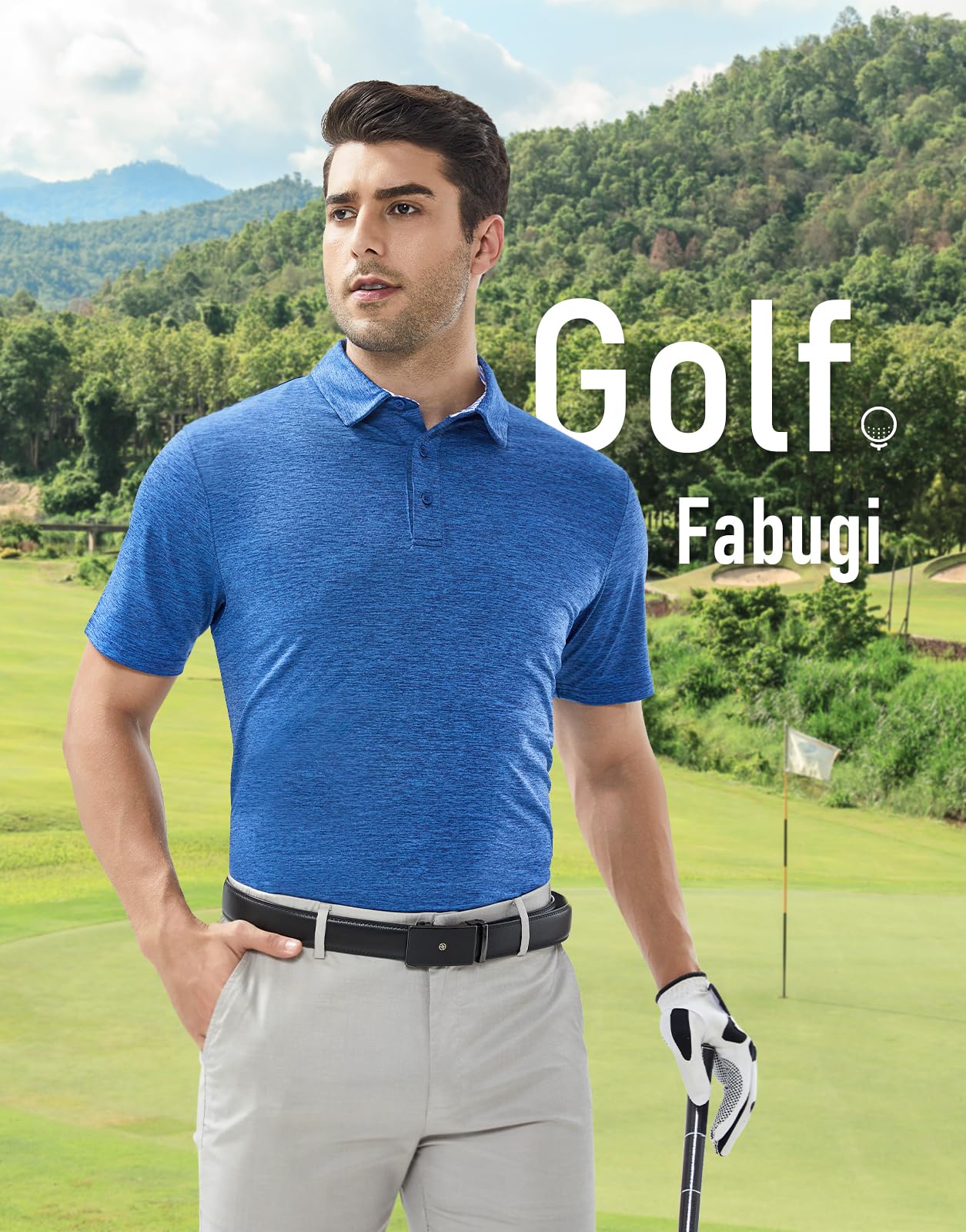 Fabugi Mens Golf Shirts Dry Fit Short Sleeve Casual Performance Striped Collared Polo Shirts for Men Blue Large