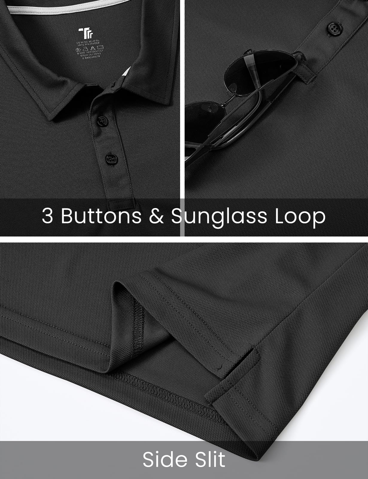 Rdruko Men's Golf Shirts Short Sleeve Moisture Wicking Performance Polo Shirts Button-Down UPF 50+ Tennis Tshirts (Black, US L)