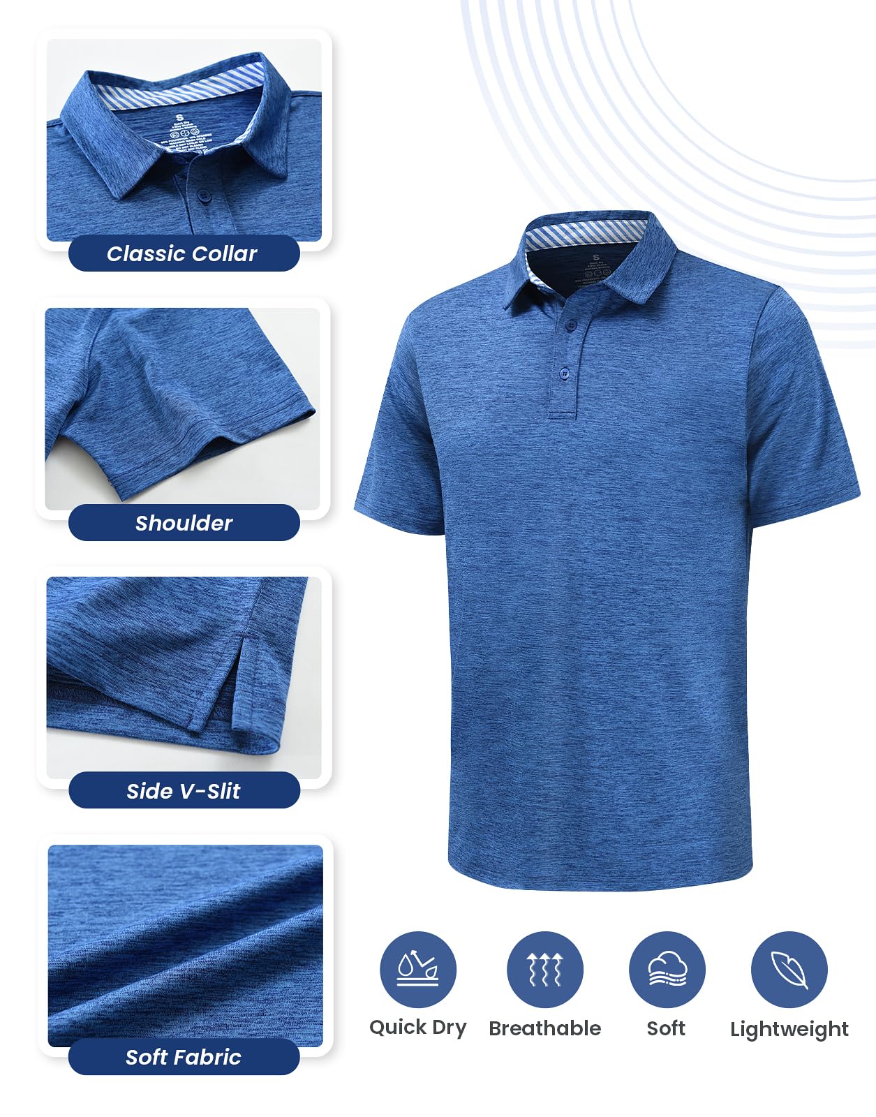 Fabugi Mens Golf Shirts Dry Fit Short Sleeve Casual Performance Striped Collared Polo Shirts for Men Blue Large