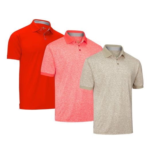 [3 Pack] Mio Marino Golf Polo Shirts for Men - Dry Fit - Ultra-Light Fabric - Khaki,Salmon Red,Red - Small